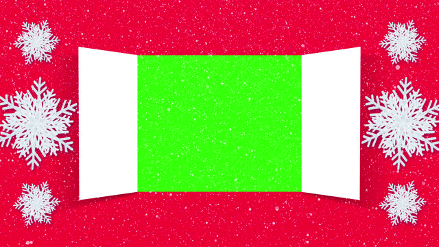 Christmas advent calendar door opening on red background and large 3d snowflakes. On Christmas day an open wide doors to reveal green screen for message. 4K video graphic animation