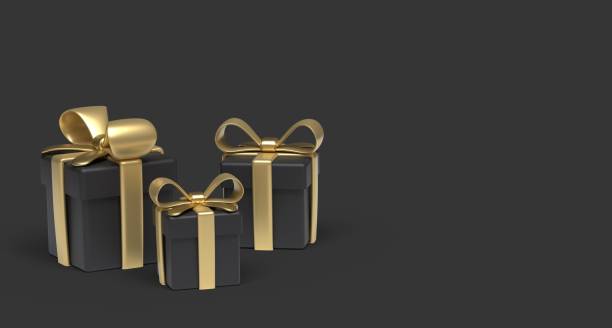 istock Black gift boxes on a black background with copy space. Cartoon style. 1354498017