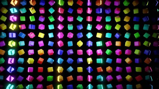 istock 3d render. Abstract background with cubes lined up in rows on a plane, neon lighting of cubes. 1354502261
