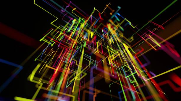istock 3d rendering sci-fi bg like abstract hologram. Multicolor neon glow lines form digital 3d space. Connection concept, visualization of multiple calculations of various branches neural network or AI 1354502806