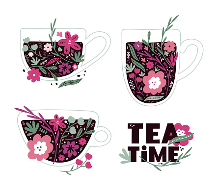 Different silhouettes of cups with herbal and flowers tea. Vector collection of mugs. Tea party. Hand drawn  illustration in Scandinavian style for websites, applications,  posters, stickers, cards