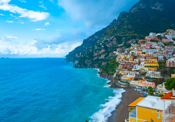 Positano, the most famous and iconic village on the Amalfi Coast, the spectacular strip of coastline with the turquoise waters of the Mediterranean Sea.