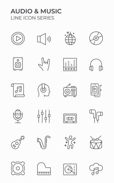 bearbeitbare strichsymbole für audio und musik - control room audio stock-grafiken, -clipart, -cartoons und -symbole