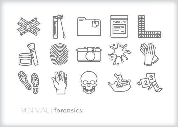 Minimal forensic icons Set of 15 forensics icons for investigating a crime scene crime scene investigation stock illustrations