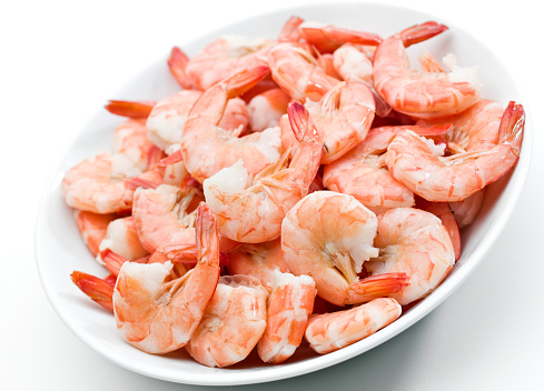 Plate of shrimps on white background (this picture has been taken with a Hasselblad H3D II 31 megapixels camera)