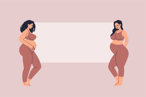 ilustrações de stock, clip art, desenhos animados e ícones de beautiful pregnant women over blank poster background. young women in sports tight-fitting comfortable suit. vector illustration of chubby adult girls in cozy clothes with empty place for text. - teen obesity