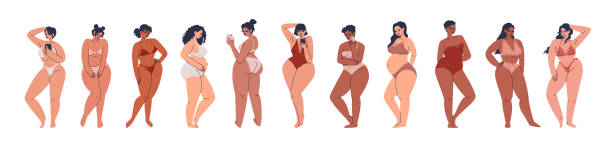 illustrations, cliparts, dessins animés et icônes de bel ensemble complet de femmes. isolé de chubby diverses dames dans différents maillots de bain avec des téléphones. femmes enceintes, mamans, mannequins confiants et timides posent sur fond blanc. - nature human pregnancy vector mother