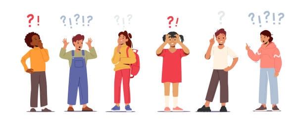 Set of Children Asking Questions, Searching Information, Schoolgirls and Schoolboys with Question and Exclamation Set of Children Asking Questions, Searching Information, Schoolgirls and Schoolboys Characters with Question and Exclamation Marks over Head. Students Idea, Curiosity. Cartoon Vector Illustration critical thinking kids stock illustrations