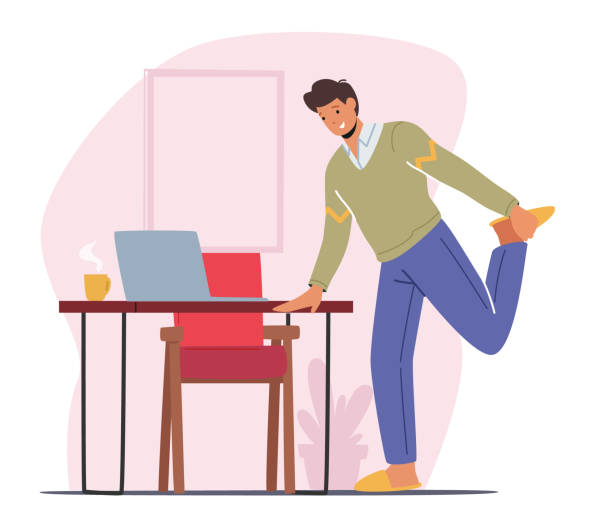Worker Exercising at Workplace while Work on Laptop in Office. Male Character Stretching Legs at Desk Doing Workout Worker Exercising at Workplace while Work on Laptop in Office. Male Character Stretching Legs at Desk Doing Workout at Work Place for Health Care, Sport Activity Concept. Cartoon Vector Illustration person stretching stock illustrations