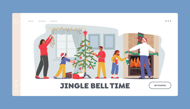 illustrations, cliparts, dessins animés et icônes de modèle de page de destination jingle bell time. salle de décoration familiale heureuse pour noël. mère décorer la fenêtre avec guirlande - bell jingle jingle christmas