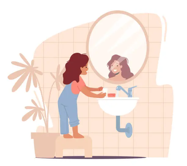 Vector illustration of Kids Morning or Evening Daily Routine. Little Girl Stand on Low Chair Looking in Mirror in Bathroom Washing Hands