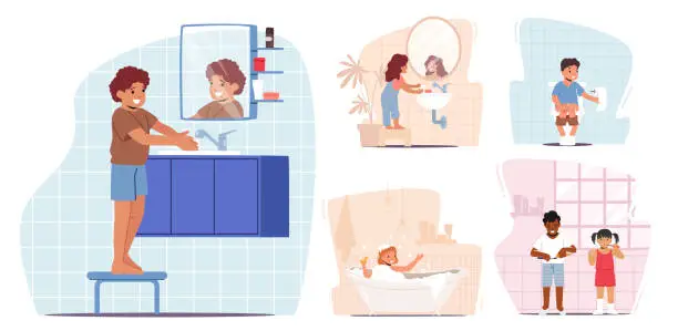 Vector illustration of Set Kids Bathing, Washing Hands, Pooping in Toilet, Brushing Teeth. Children Characters Morning or Evening Daily Routine