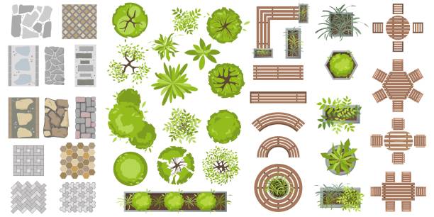 ilustrações, clipart, desenhos animados e ícones de móveis de madeira e vista para o topo do caminho. conjunto de bancos, plantas em vasos e azulejos para design paisagístico. coleção de elementos arquitetônicos para projetos. mesa, cadeira, banco, panela, árvore. vetor plano - sidewalk