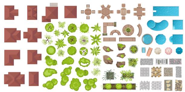 Set Architectoral and Landscape elements, top view. Collection of houses, plants, garden, trees, swimming pools, outdoor wooden furniture, tile. Flat vector. Tables, benches, chairs. View from above. Set Architectoral and Landscape elements, top view. Collection of houses, plants, garden, trees, swimming pools, outdoor wooden furniture, tile. Flat vector. Tables, benches, chairs. View from above. garden stock illustrations