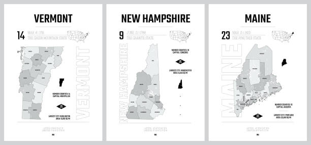 highly detailed vector silhouettes of us state maps, division united states into counties, political and geographic subdivisions of a states, new england - vermont, new hampshire, maine - set 1 of 17 - manchester united 幅插畫檔、美工圖案、卡通及圖標