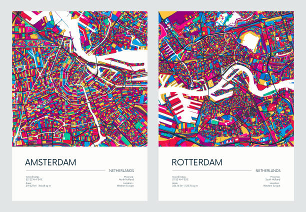 illustrazioni stock, clip art, cartoni animati e icone di tendenza di mappa stradale dettagliata a colori, piano stradale urbano città di amsterdam e rotterdam con quartieri e quartieri colorati, poster vettoriale di viaggio - amstel river