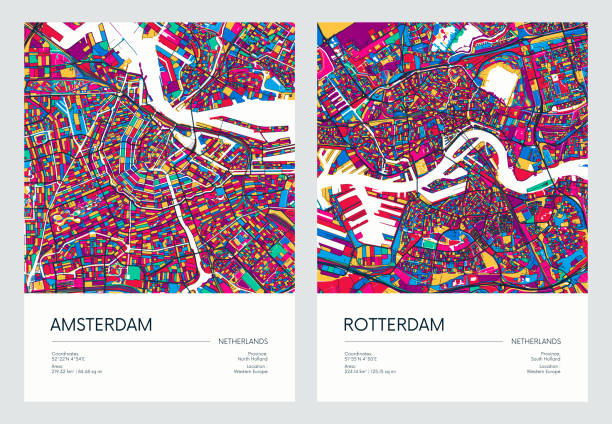 stockillustraties, clipart, cartoons en iconen met color detailed road map, urban street plan city amsterdam and rotterdam with colorful neighborhoods and districts, travel vector poster - rotterdam