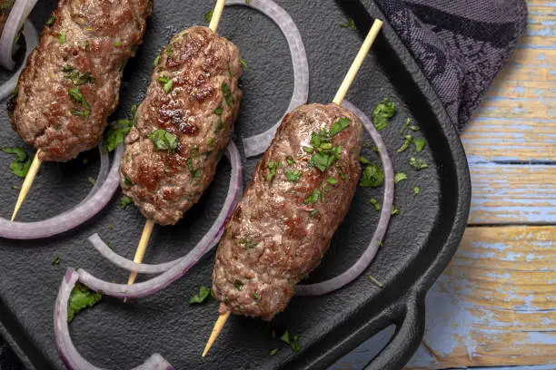 Traditional homemade kefta or kebab of meat. Halal concept. Arabic and turkish food
