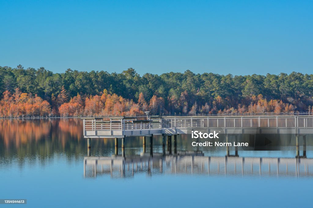 A reflection of the fishing pier and Fall leaf colors on Little Ocmulgee River in McRae, Georgia Autumn Leaf Color Stock Photo