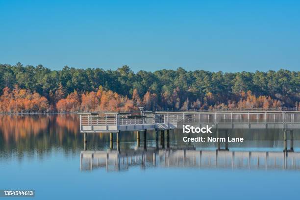 A Reflection Of The Fishing Pier And Fall Leaf Colors On Little Ocmulgee River In Mcrae Georgia Stock Photo - Download Image Now