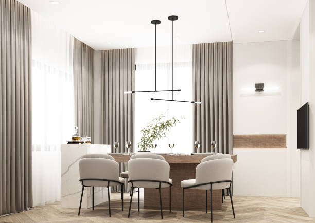 The dining room is decorated in a minimalist style. White wood and marble dining table with a gray cloth dining chair and curtains on the windows and a TV on the wall decorated 3d render The dining room is decorated in a minimalist style. White wood and marble dining table with a gray cloth dining chair and curtains on the windows and a TV on the wall decorated 3d render dining room stock pictures, royalty-free photos & images