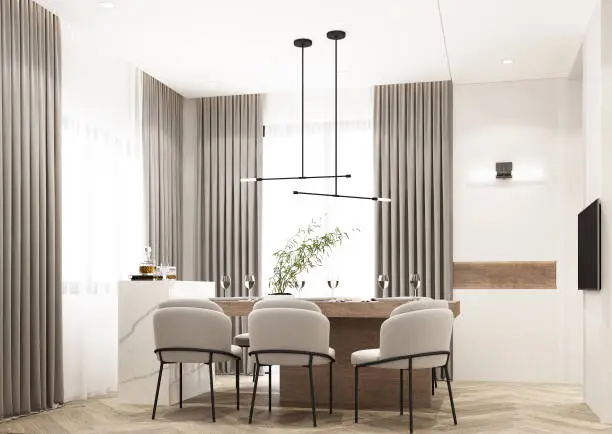 Photo of The dining room is decorated in a minimalist style. White wood and marble dining table with a gray cloth dining chair and curtains on the windows and a TV on the wall decorated 3d render