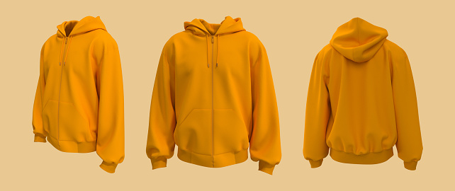 Blank hooded sweatshirt  mockup with zipper in front, side and back views, 3d rendering, 3d illustration