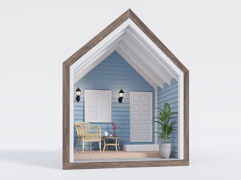 Small house facade with blue plank wall 3d render decorate with rattan chair isolated on white background