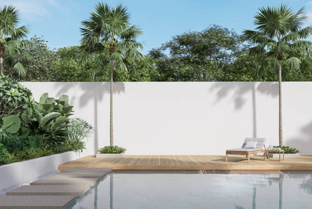 istock Minimal style swimmimg pool terrace with blank wall for copy space 3d render 1354551468