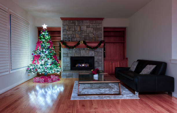 istock Christmas or New Year interior background with bright fir tree and glowing fireplace 1354553193