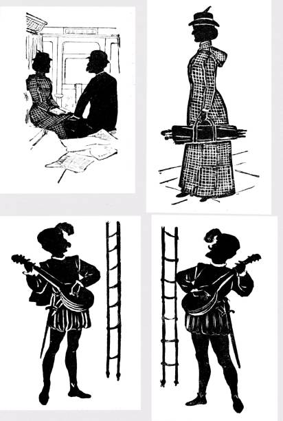 A Couple on a Train, Troubadour Silhouettes Four Victorian Silhouettes: a man and woman in a railroad car; a woman carrying a valise with an umbrella (possible an instrument case); and two troubadours. Illustration published 1893. Source: Original edition is from my own archives. Copyright has expired and is in Public Domain. troubadour stock illustrations