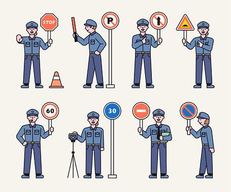 A traffic policeman is holding a road sign and giving a warning. flat design style vector illustration.