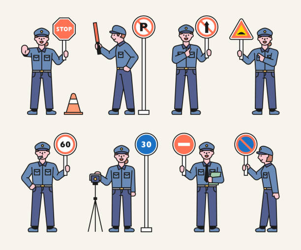 Traffic police officer A traffic policeman is holding a road sign and giving a warning. flat design style vector illustration. traffic police stock illustrations