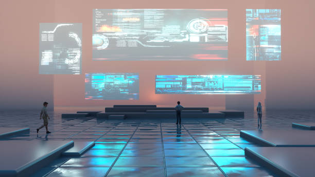 istock Modern room with futuristic screens and  data information . Networking and innovation technology concept . This is a 3d render illustration . 1354554975