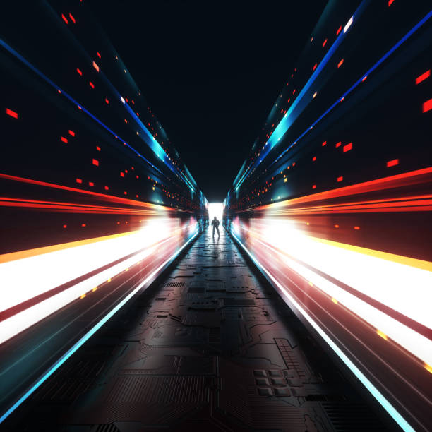 istock Colorful futuristic tunnel with bytes and neon lights . Digital media and future concept . 1354554979