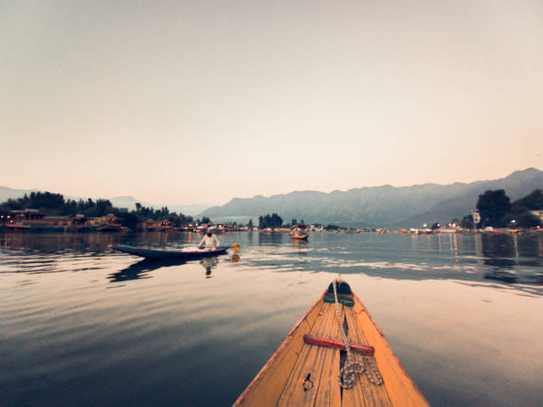 Evening scene at Mulshi Lake in Maharashtra, India, showing calm water, silhouetted trees, and hills under a purple and blue twilight sky.