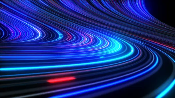 Photo of 3d abstract neon background space and time strings, highway night lights. Ultra violet rays.