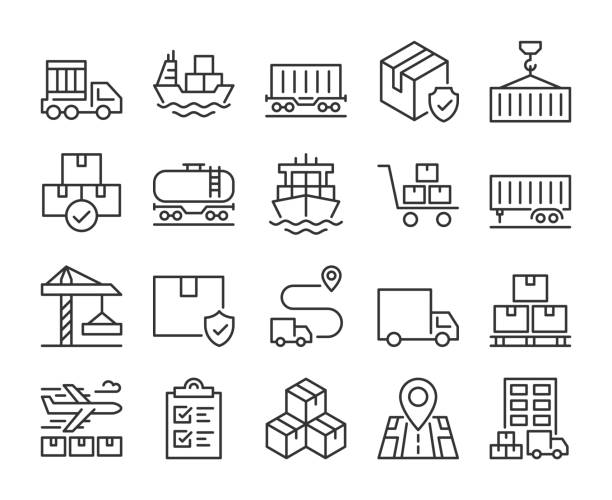 ikona przewozu towarów. zestaw ikon linii transportu towarowego i logistyki. edytowalny obrys. - semi truck cargo container shipping truck stock illustrations