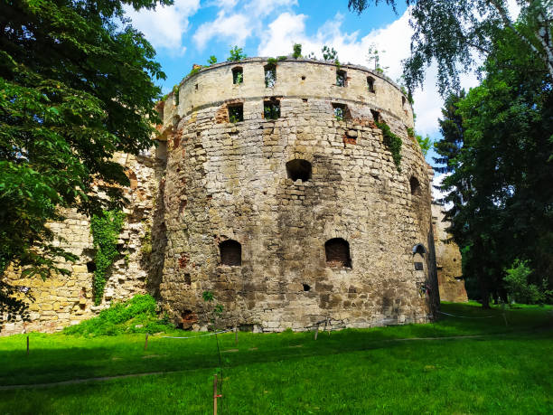 Berezhany Castle in small town Berezhany in Ternopil region, Ukraine Berezhany Castle, residence of the Sieniawski magnate family in small town Berezhany in Ternopil region, Ukraine. Tourist destination. Ruins of the 16th century fortification in summer day. keep fortified tower photos stock pictures, royalty-free photos & images