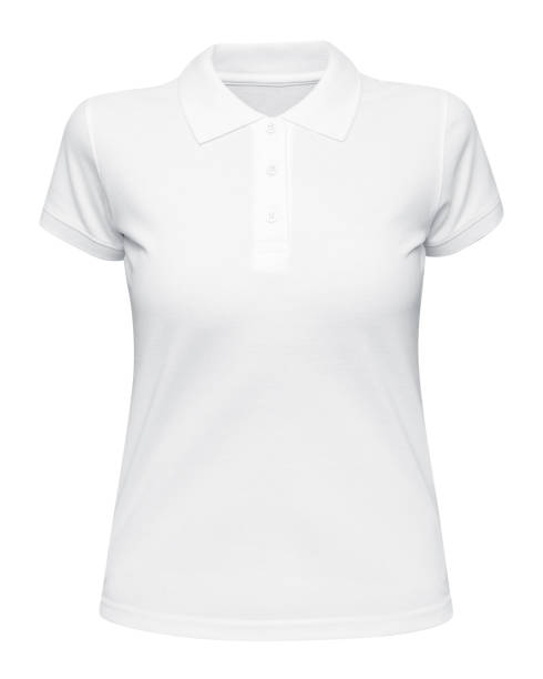 donna polo bianca mockup frontale utilizzato come modello di design. t shirt femmina vuota isolata su bianco - polo shirt shirt clothing mannequin foto e immagini stock