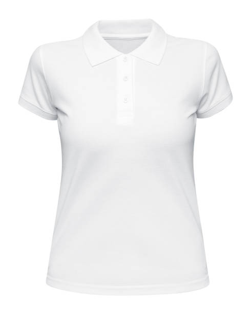 Women white polo shirt mockup front used as design template. T Shirt female blank isolated on white stock photo