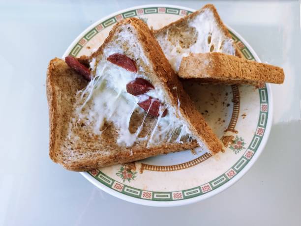 Traditional turkish cheese and pepperoni toast on rye bread in Istanbul turkey