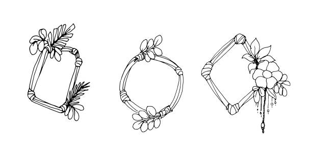 Collection of geometric vector floral frames. Round, oval, triangle, square Borders decorated with hand drawn delicate flowers, branches, leaves, blossom. illustration