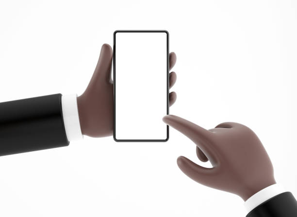 istock African american man holding smart phone white blank screen, 3d illustration 1354568497