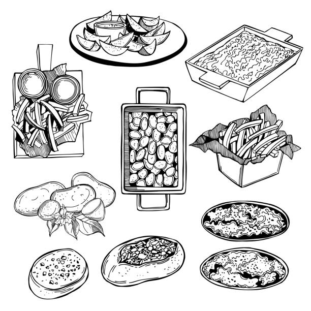 векторный эскиз блюд из картофеля. - cooked fried backgrounds preparation stock illustrations