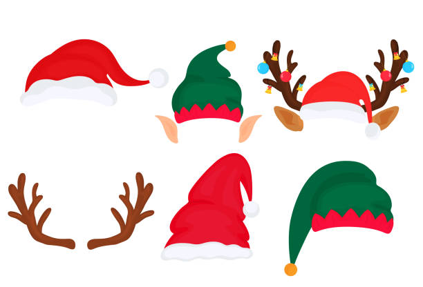 ilustraciones, imágenes clip art, dibujos animados e iconos de stock de atrezzo navideño. fotomatón y set de scrapbooking. cornamentas de ciervo, sombrero y orejas de elfo, santa claus, gnomo - sombrero