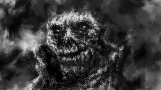 Scary demon skull with creepy smile. Dark 2D illustration in horror fantasy genre. Evil thing face laughing. Cruel grim reaper smiling. Spooky character head backdrop. Black and white background.
