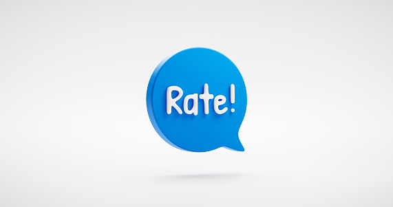 Blue rating icon illustration message bubble or business star feedback review symbol and customer experience rate sign isolated on white 3d background with best satisfaction service survey ranking.