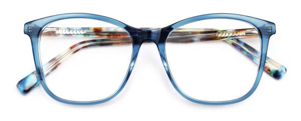 istock top view glasses isolated on white background, blue plastic spectacle with multi colorful spotted temples 1354578609