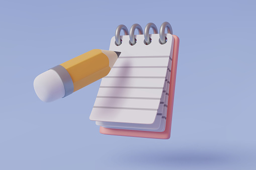 Note book and pencil 3D icon isolated on blue, Remind or checklist and education concept, EPS10 Vector